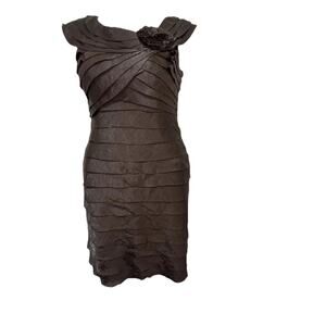 London Times Women’s Sable Brown Flutter Sleeve Cocktail Dress w/Rosette Size 6